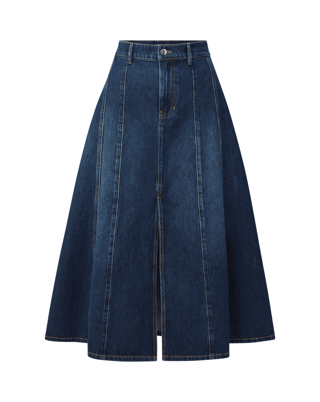 Veronica Beard Blue denim A-line midi skirt with front slit.