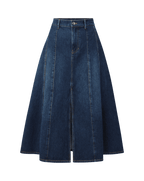 Veronica Beard Blue denim A-line midi skirt with front slit.