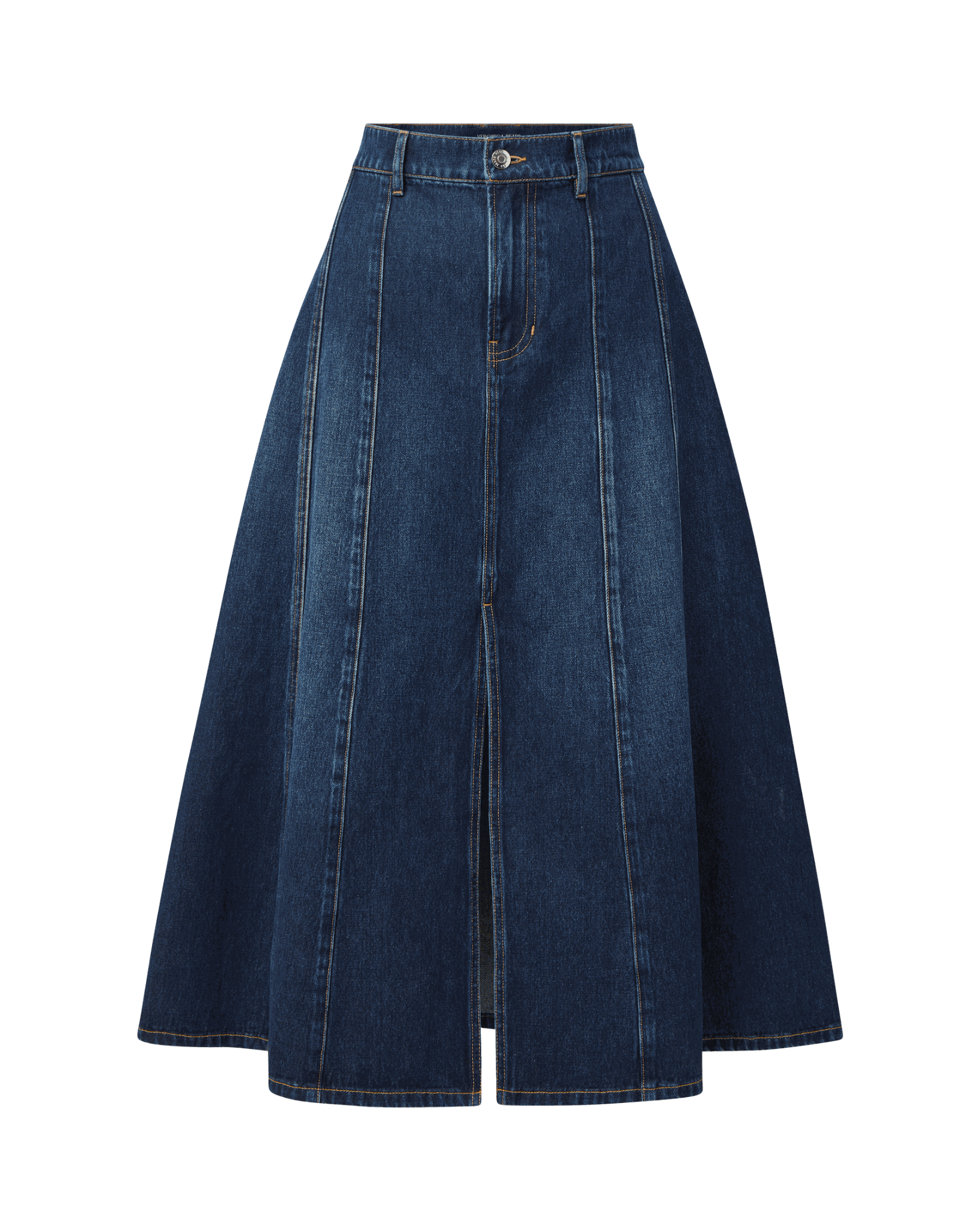 Veronica Beard Blue denim A-line midi skirt with front slit.