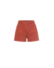 Veronica Beard Rust denim high-waisted shorts with front patch pockets.