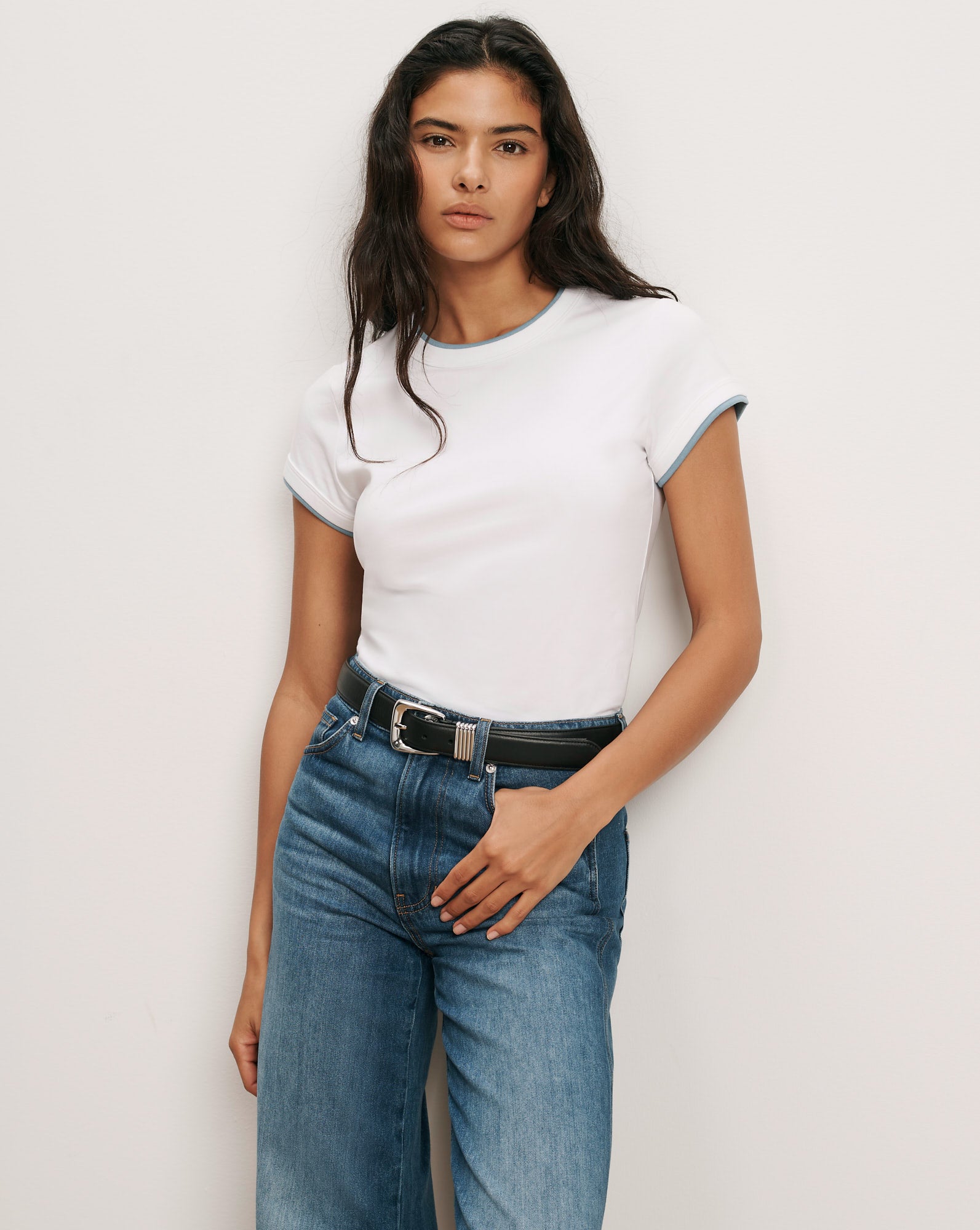 Veronica Beard White cotton ringer tee with blue trim.