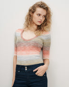 Veronica Beard Striped knit top with scoop neck and elbow sleeves.