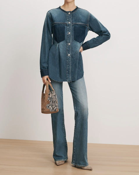 Veronica Beard Blue denim tunic shirt with contrasting dark panels.