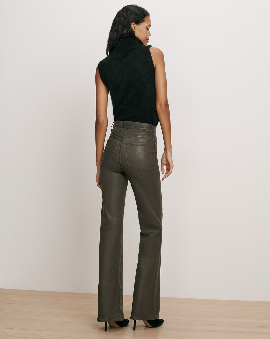 Veronica Beard Dark green leather high-rise straight pants.