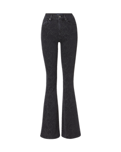 Veronica Beard Black floral embroidered flared denim jeans.