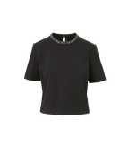 Veronica Beard Black short-sleeve top with embellished rhinestone collar.