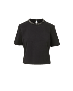 Veronica Beard Black short-sleeve top with embellished rhinestone collar.