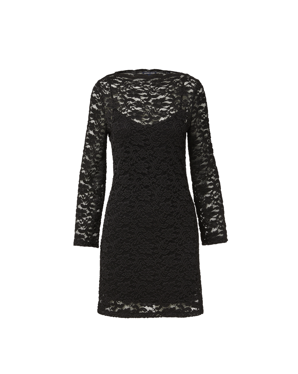 Veronica Beard Black lace sheath dress with long sleeves.