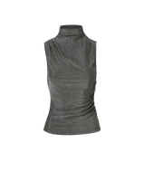 Veronica Beard Grey metallic sleeveless mock neck ruched top.