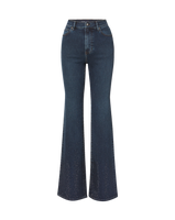 Veronica Beard Dark blue denim flare jeans with rhinestone embellishments.