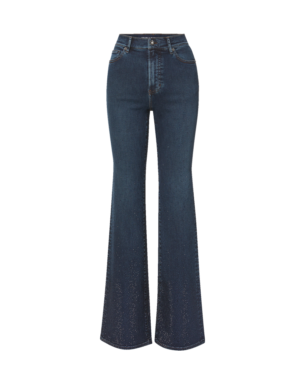 Veronica Beard Dark blue denim flare jeans with rhinestone embellishments.