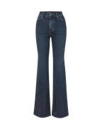 Veronica Beard Dark blue denim flare jeans with rhinestone embellishments.