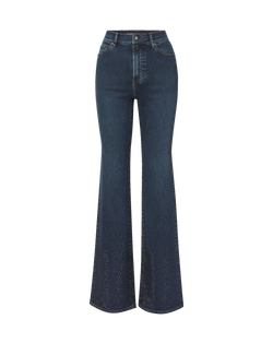 Veronica Beard Dark blue denim flare jeans with rhinestone embellishments.