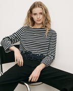 Veronica Beard Black and white striped long-sleeve lace-hem top.