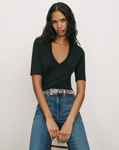 Veronica Beard Black v-neck t-shirt with blue jeans.