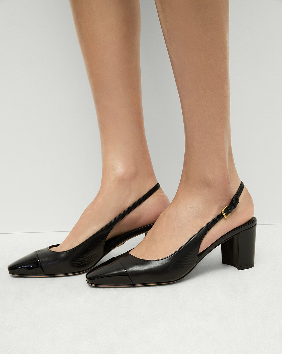 Veronica Beard Cecile Leather Cap-Toe Slingback Pump - Black/Black