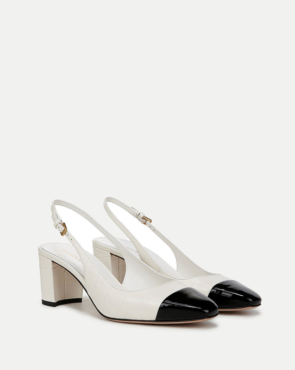 Cecile Croc-Embossed Cap-Toe Slingback Pump in White/Black