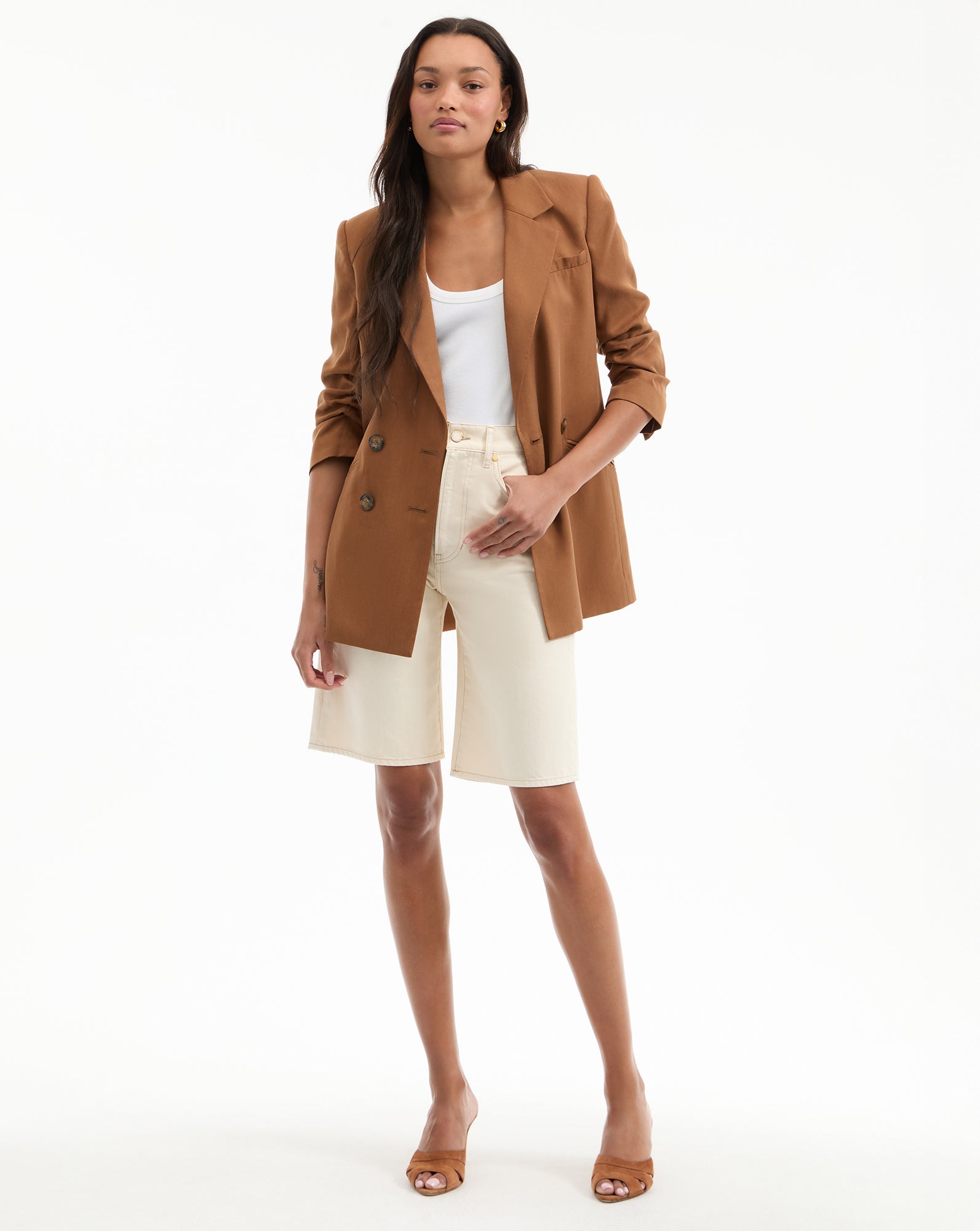 Cassiel Suede Slide Sandal in Light Brown Hazelwood | Veronica Beard