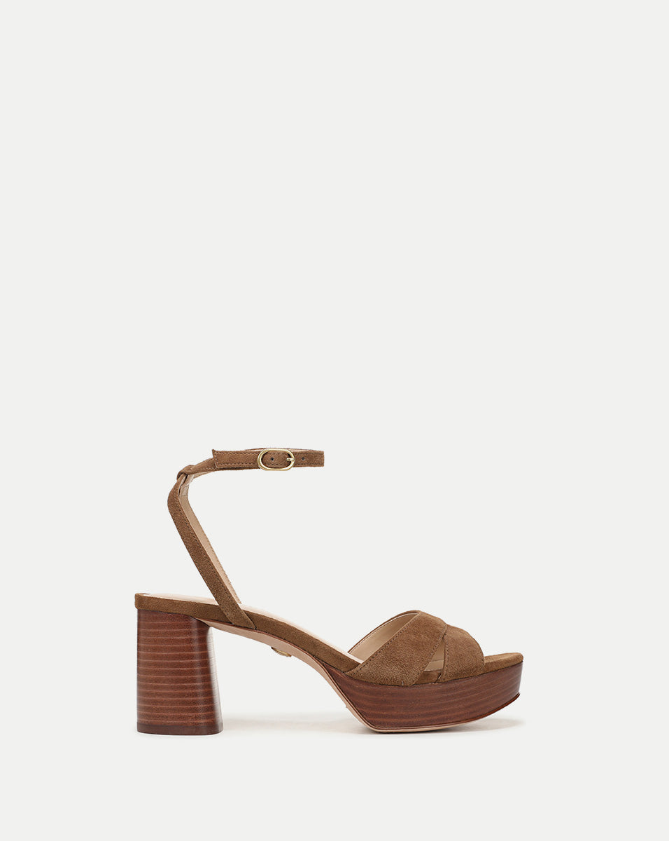 Drina Platform Block-Heel Sandal in Tan Suede | Veronica Beard
