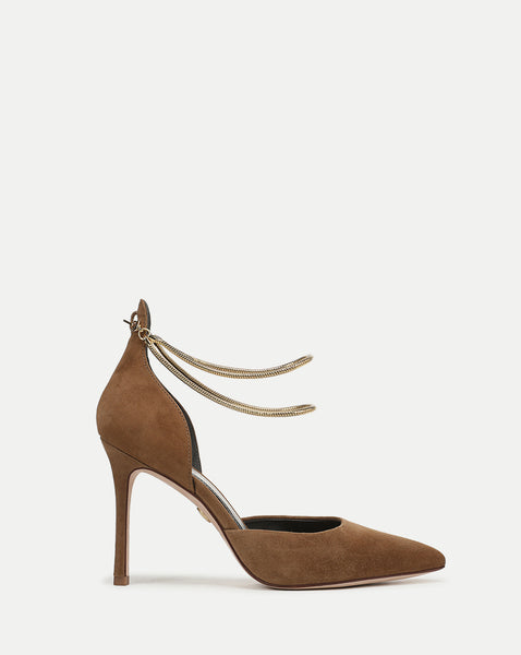 Leandra Chain Pump in Tan Suede | Veronica Beard