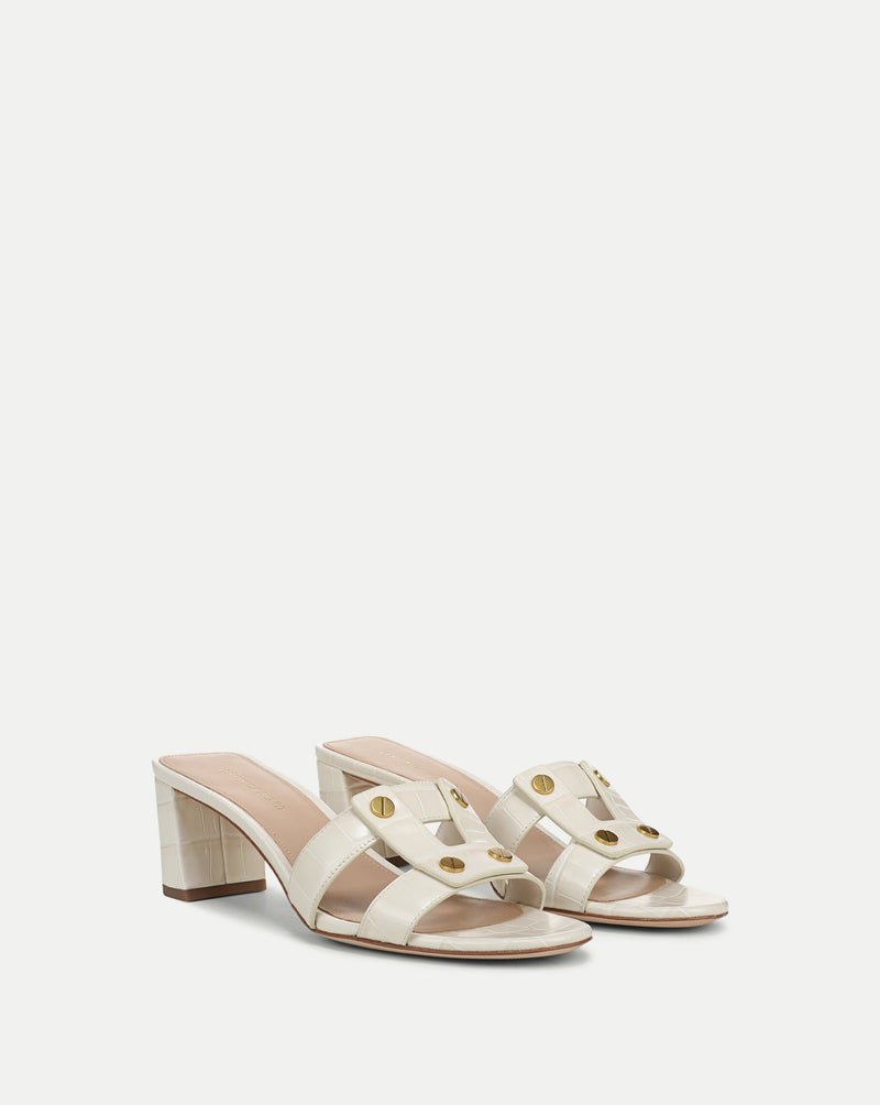 Veronica Beard Via Croc-Embossed Mid-Heel Sandal - Ecru