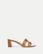 Veronica Beard Brown leather heeled sandals with gold buckle.
