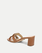 Veronica Beard Brown leather block heel sandals with gold buckle.