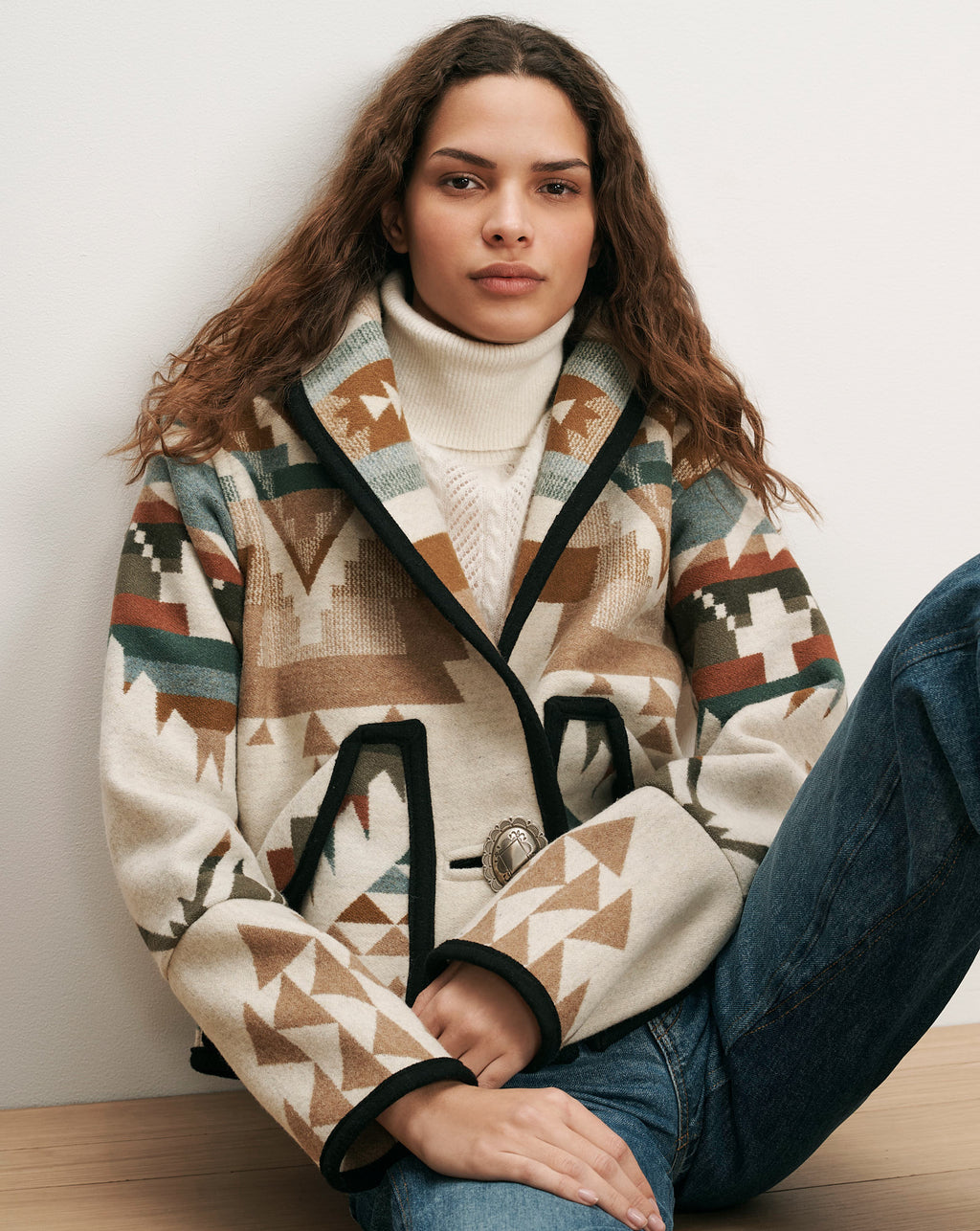 Veronica Beard Southwestern patterned wool jacket with black trim.
