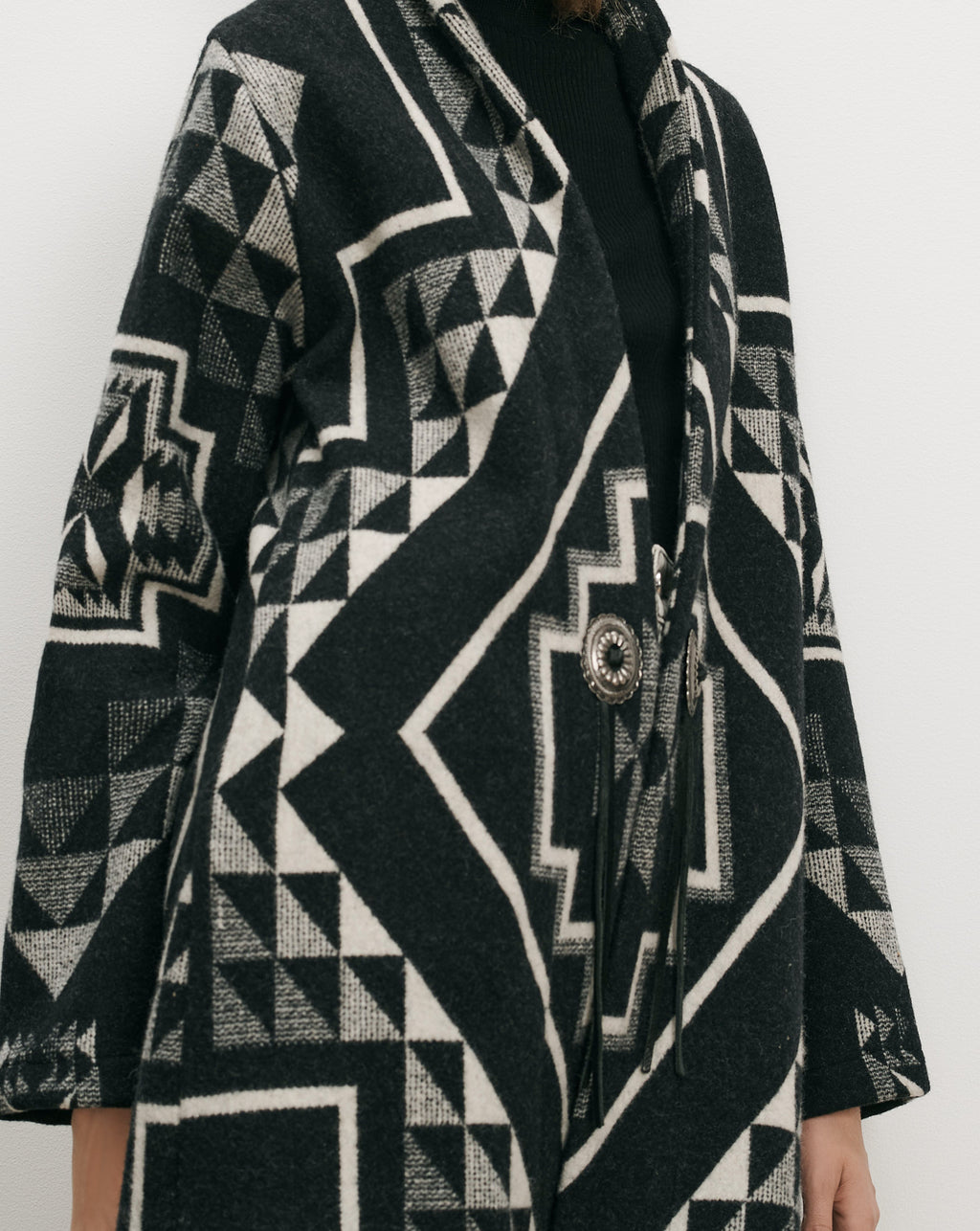Veronica Beard Black and white geometric patterned wool blend coat.