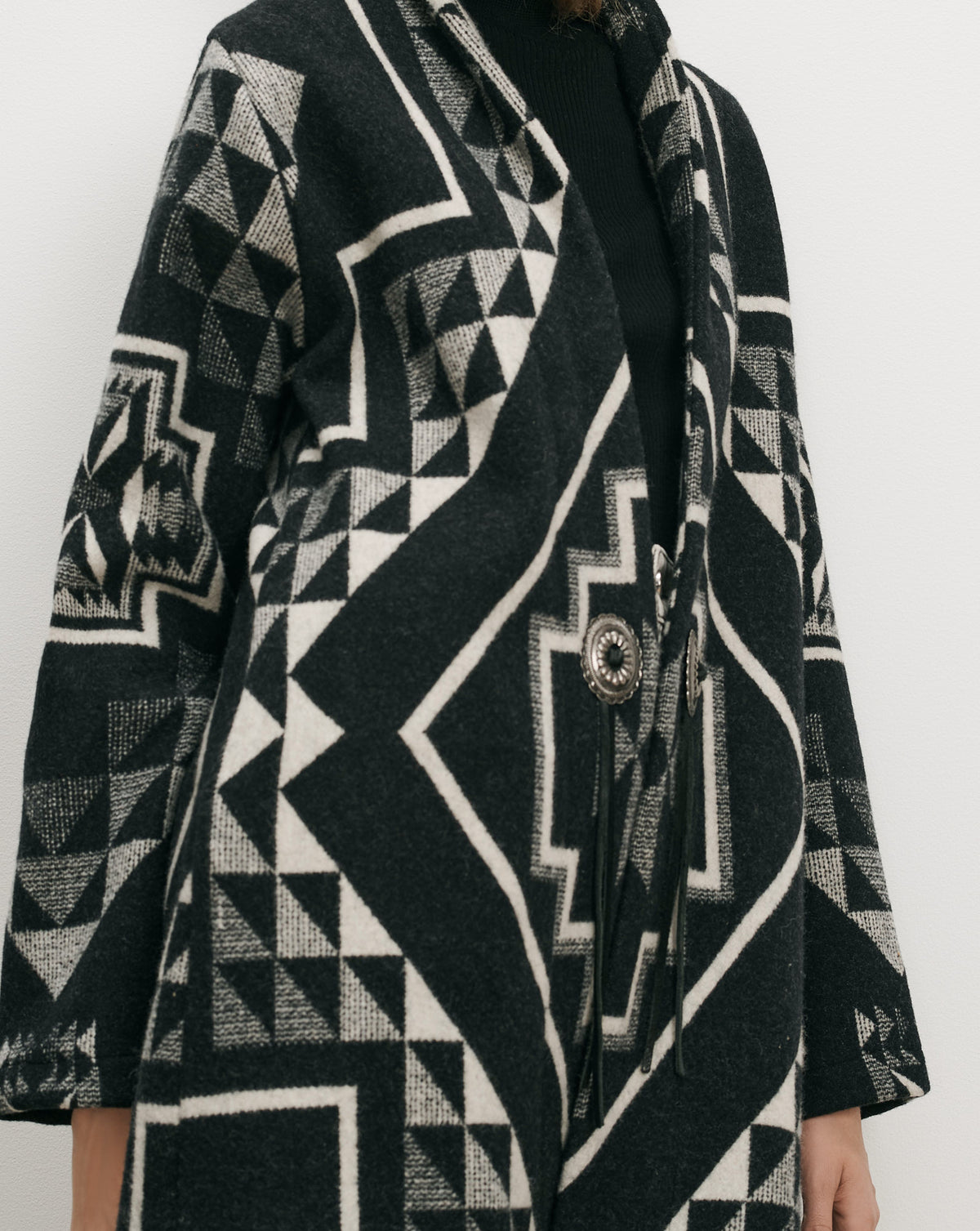 Veronica Beard Black and white geometric patterned wool blend coat.