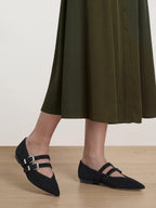 Veronica Beard Black suede pointed-toe Mary Jane flats with double buckles