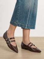 Veronica Beard Brown patent leather pointed-toe double-buckle flats.