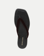 Veronica Beard Black leather sandal with a dark red velvet strap.