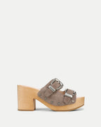 Veronica Beard Taupe suede double buckle wooden platform sandal.