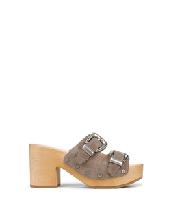 Veronica Beard Taupe suede buckle clog sandal with wooden sole.