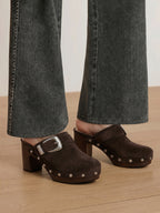 Veronica Beard Brown suede clogs with silver buckle and studs.