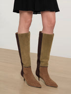Veronica Beard Brown and olive suede knee-high boots with kitten heels.