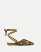 Veronica Beard Olive green woven leather mule with ankle ribbon.