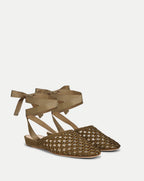 Veronica Beard Olive green woven leather flat shoes with ankle ties.