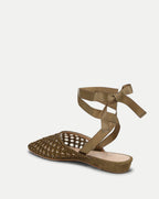 Veronica Beard Olive woven leather ballet flats with ankle ties.