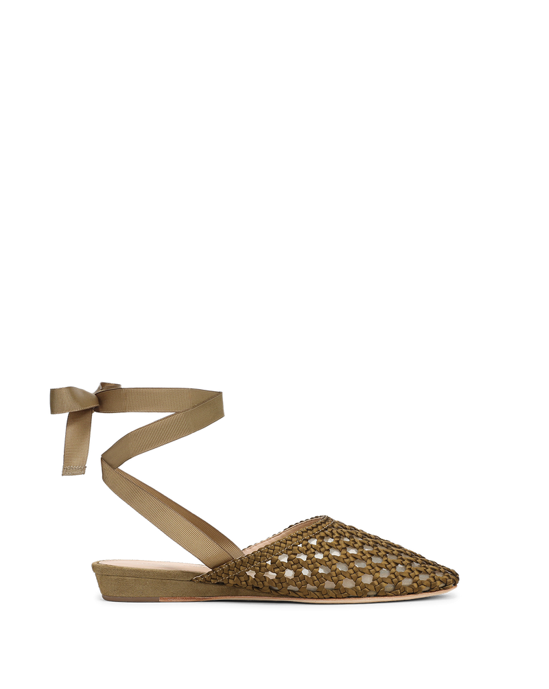 Veronica Beard Olive green woven leather flat shoe with ankle ribbon.