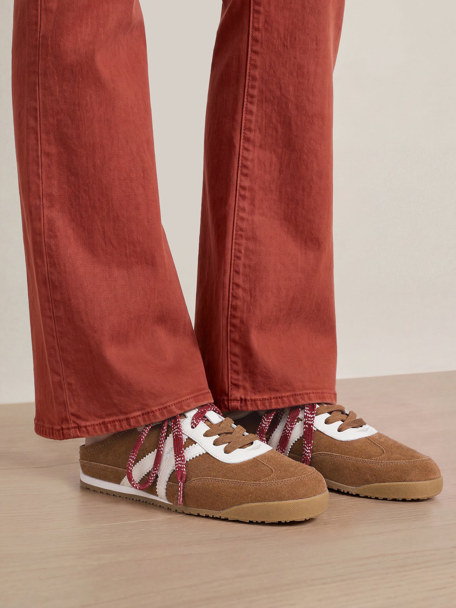 Veronica Beard Brown suede sneakers with white stripes and red laces