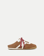 Veronica Beard Brown suede mule sneaker with white stripes and red laces.