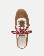 Veronica Beard Brown suede sneaker with white and red laces.