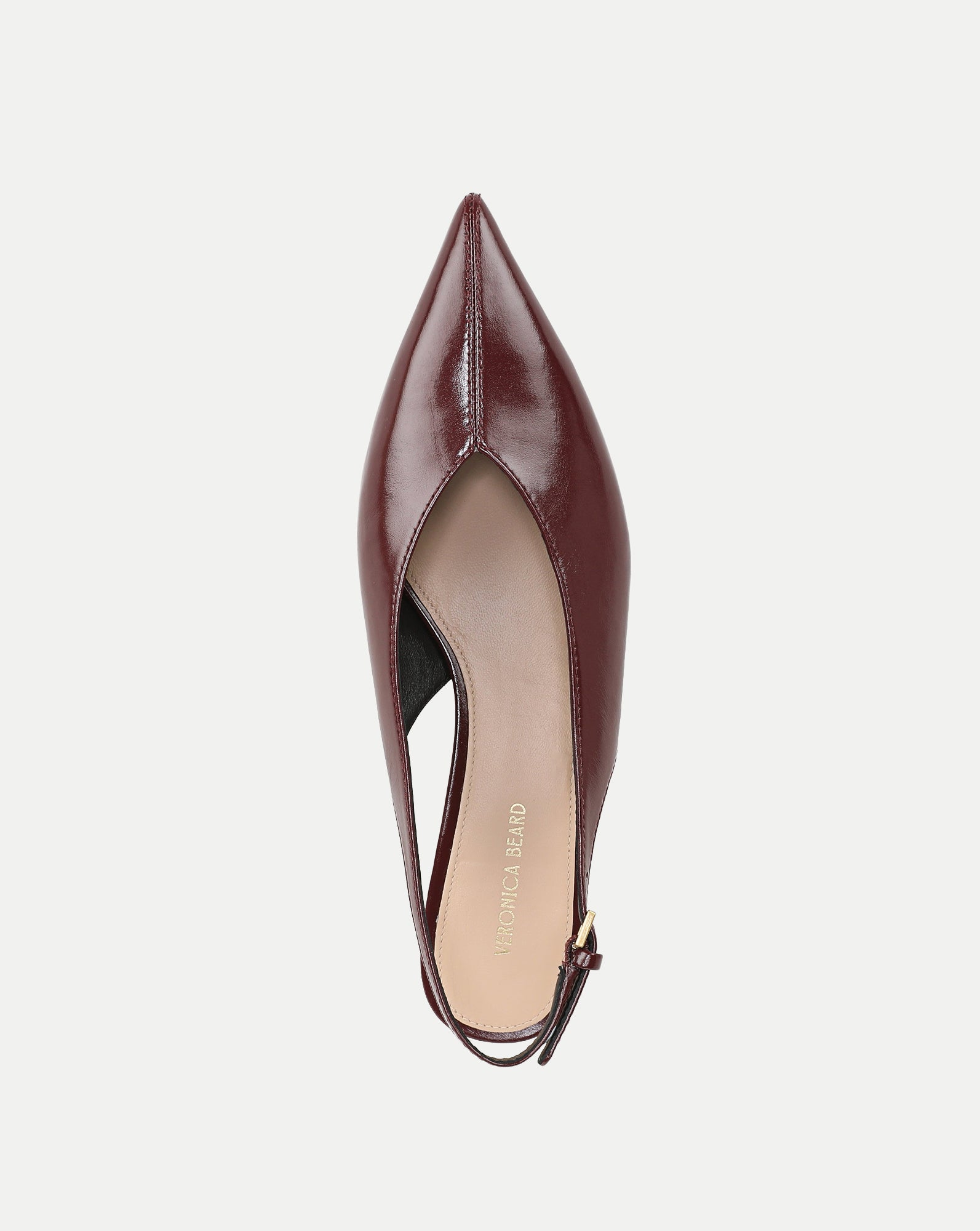 Veronica Beard Burgundy patent leather slingback kitten heel shoe.