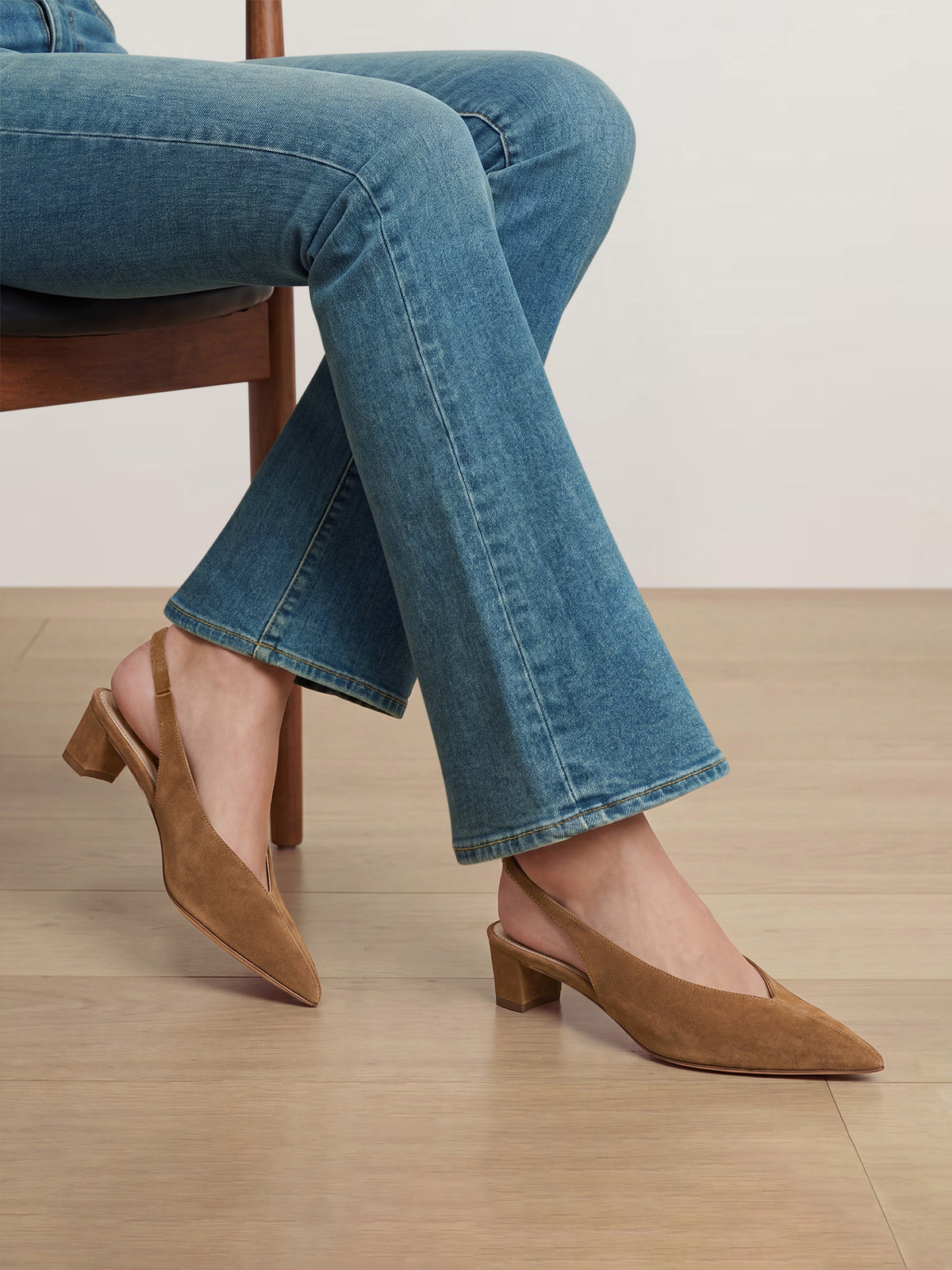 Veronica Beard Brown suede slingback heels with pointed toes.