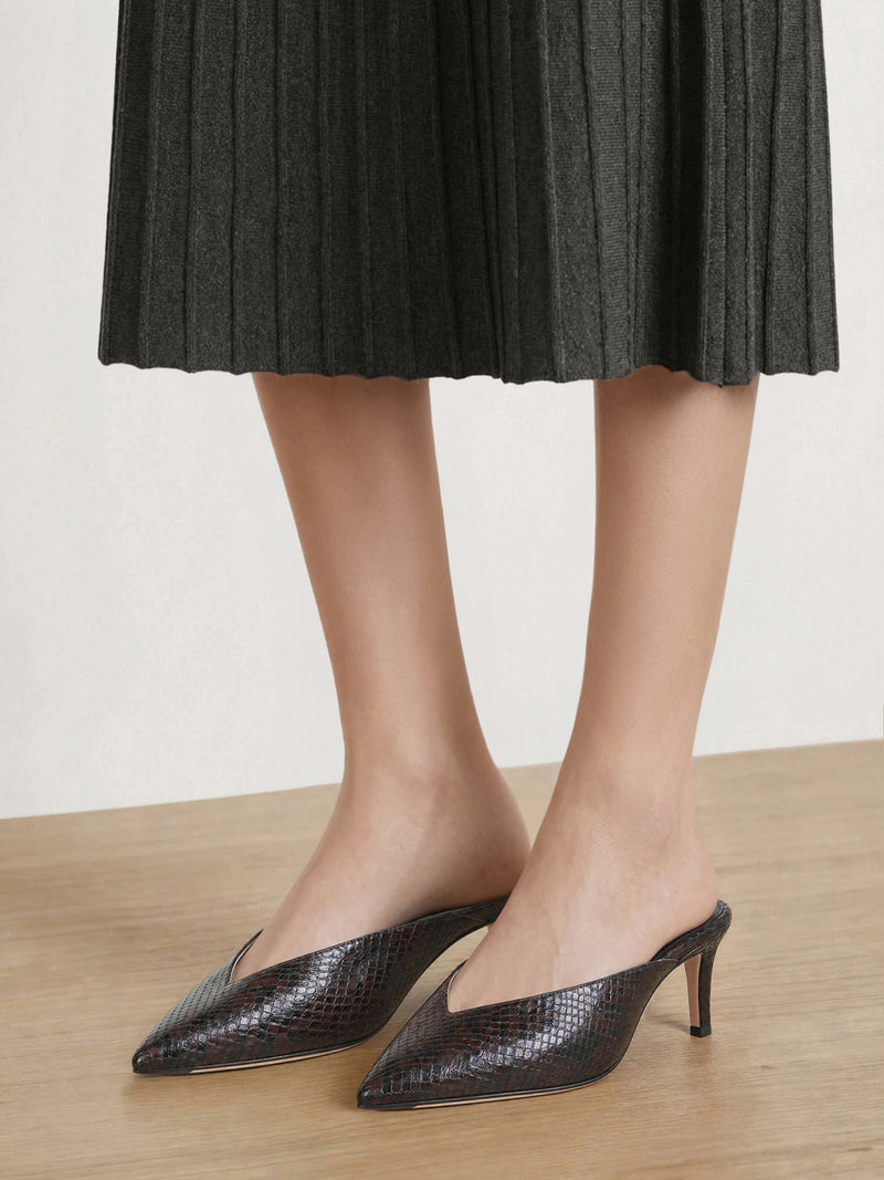 Veronica Beard Brown snakeskin pointed-toe stiletto heel mules.