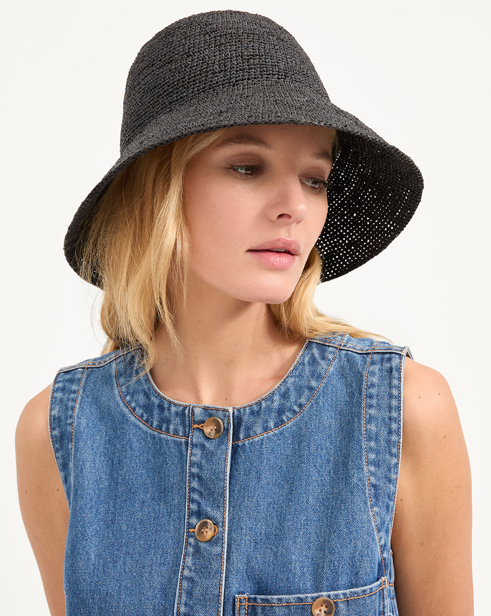 Felix Raffia Straw Bucket Hat in Black | Veronica Beard