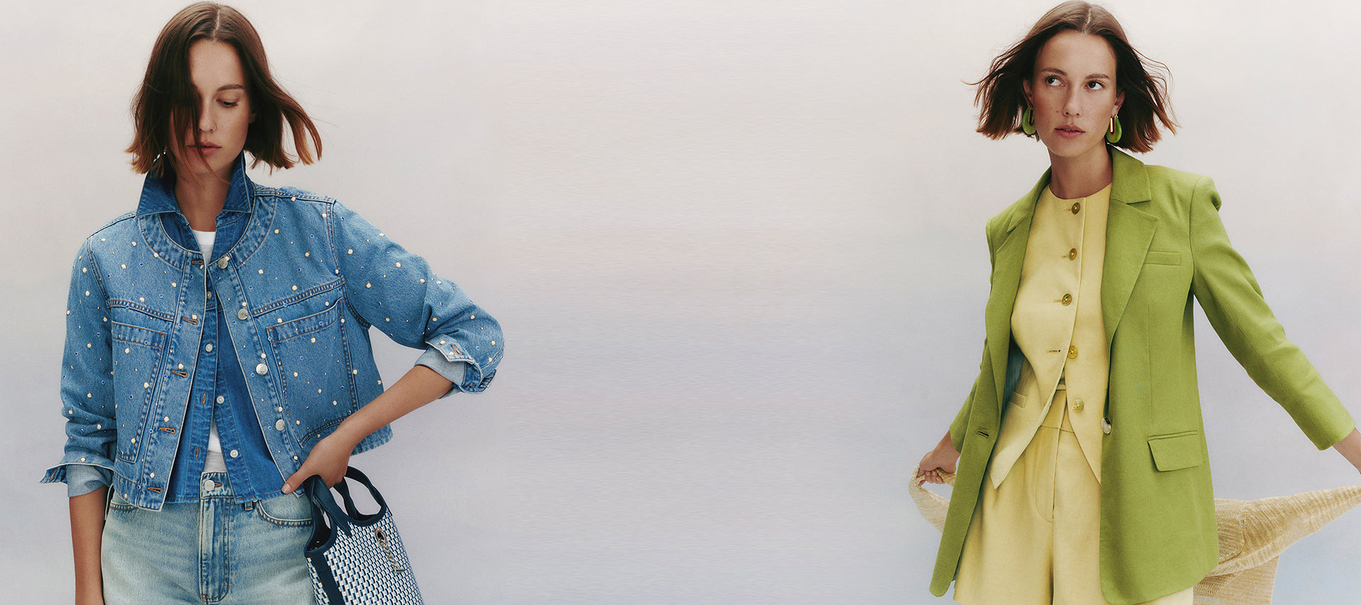 Two individuals wearing stylish outfits, one in a denim jacket with pearl embellishments and the other in a vibrant green coat, stand against a plain white background.