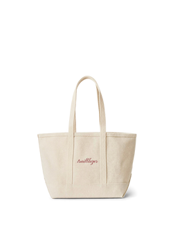 Veronica Beard Off-white canvas tote bag with red script.